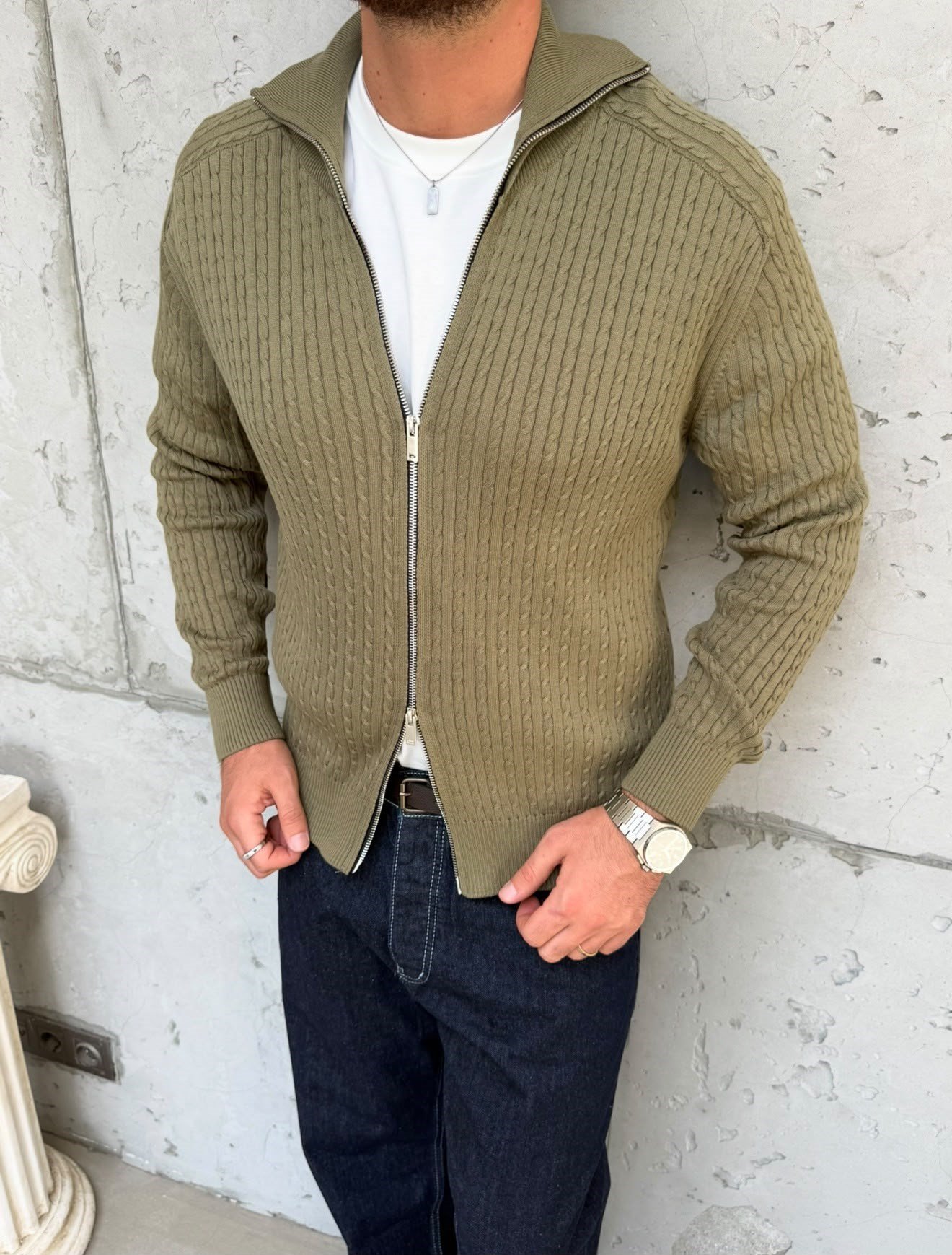 Haki Örgülü Regular Fit Hırka