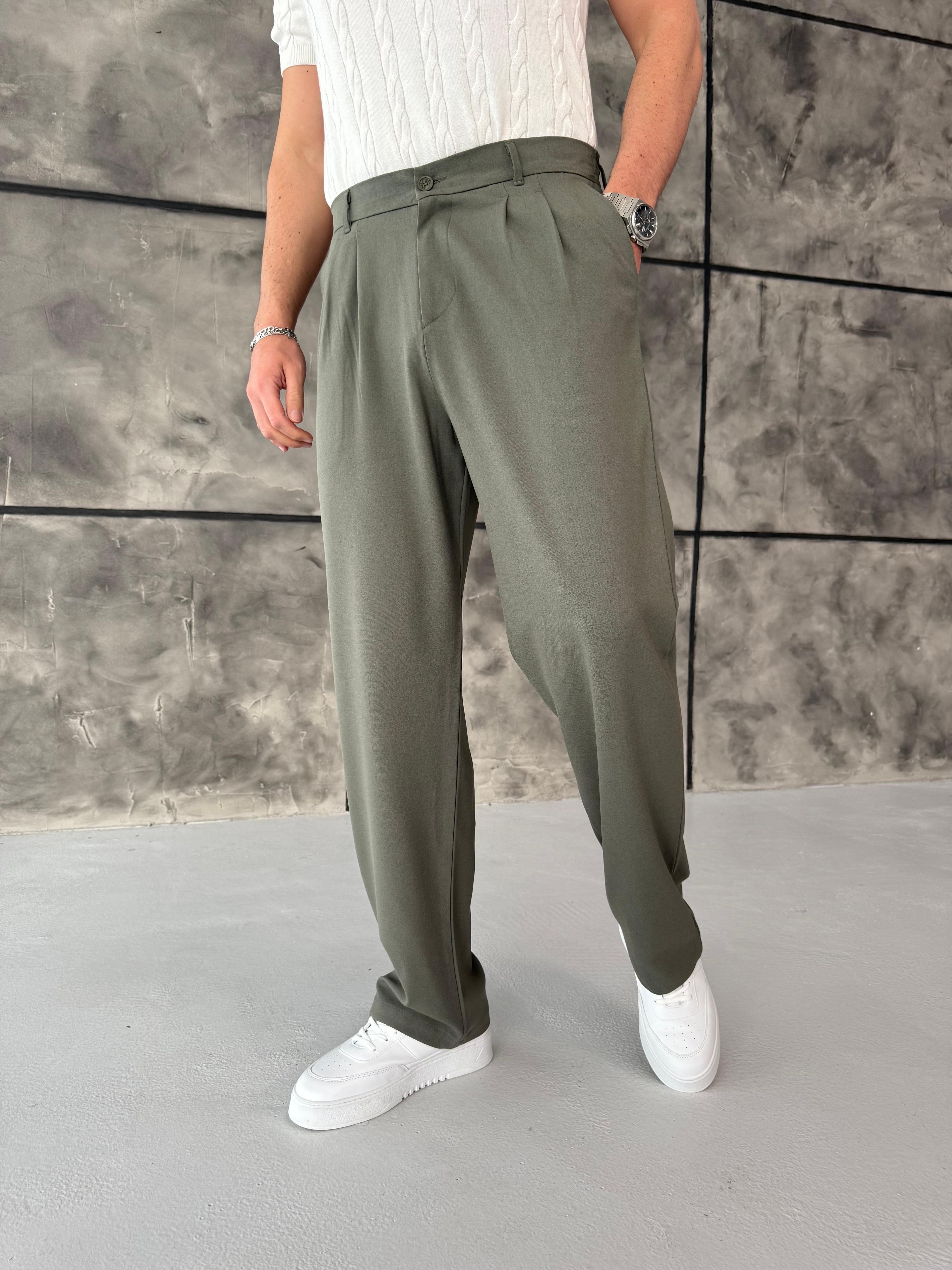 Haki Pileli Baggy Kumaş Pantolon