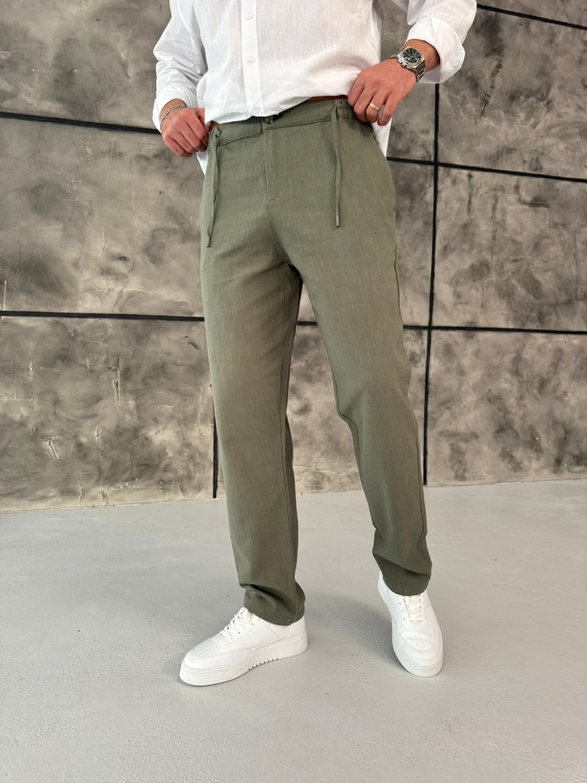 Haki Regular Fit Keten Pantolon