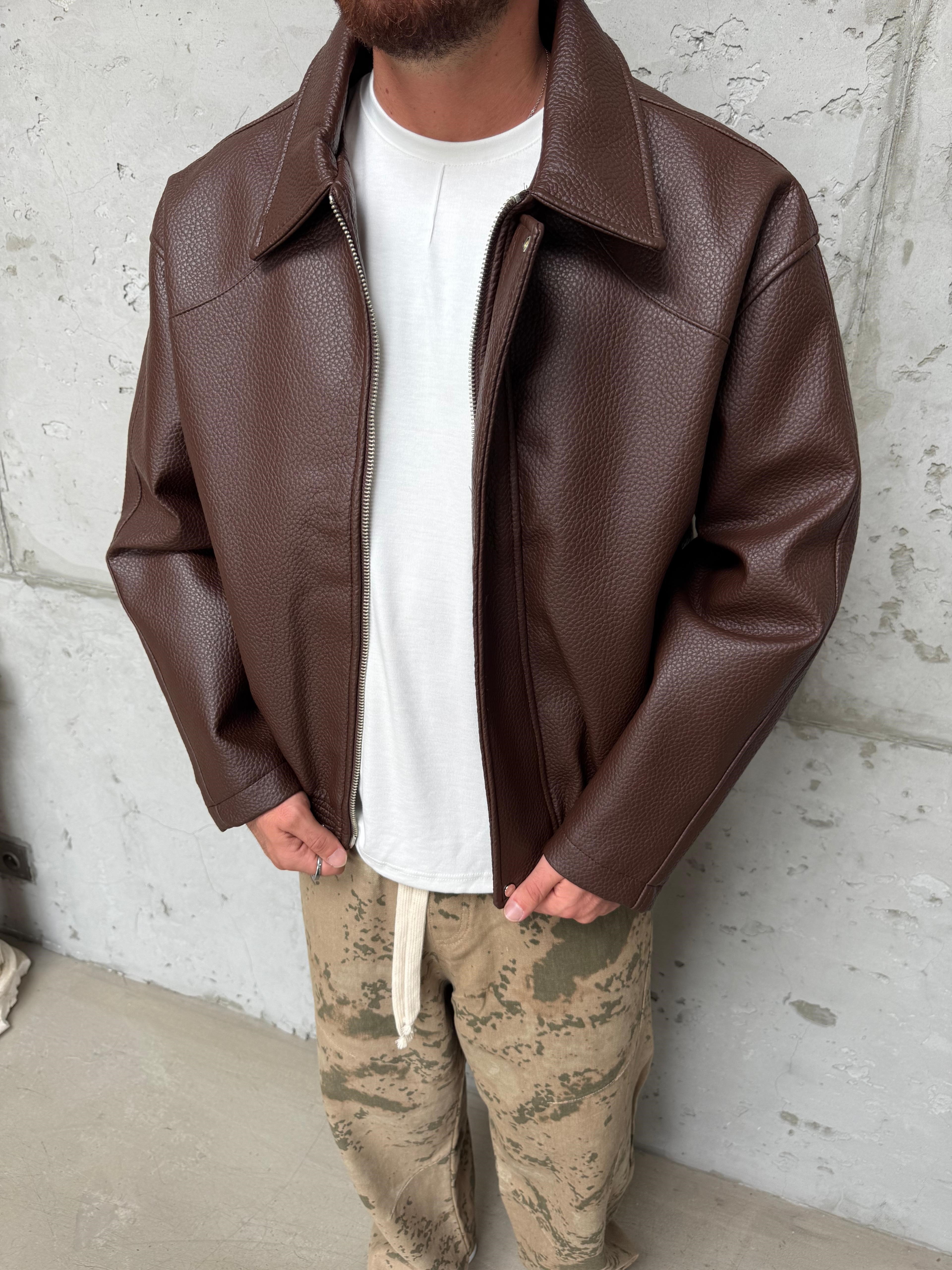 Kahve Oversize Retro Deri Ceket