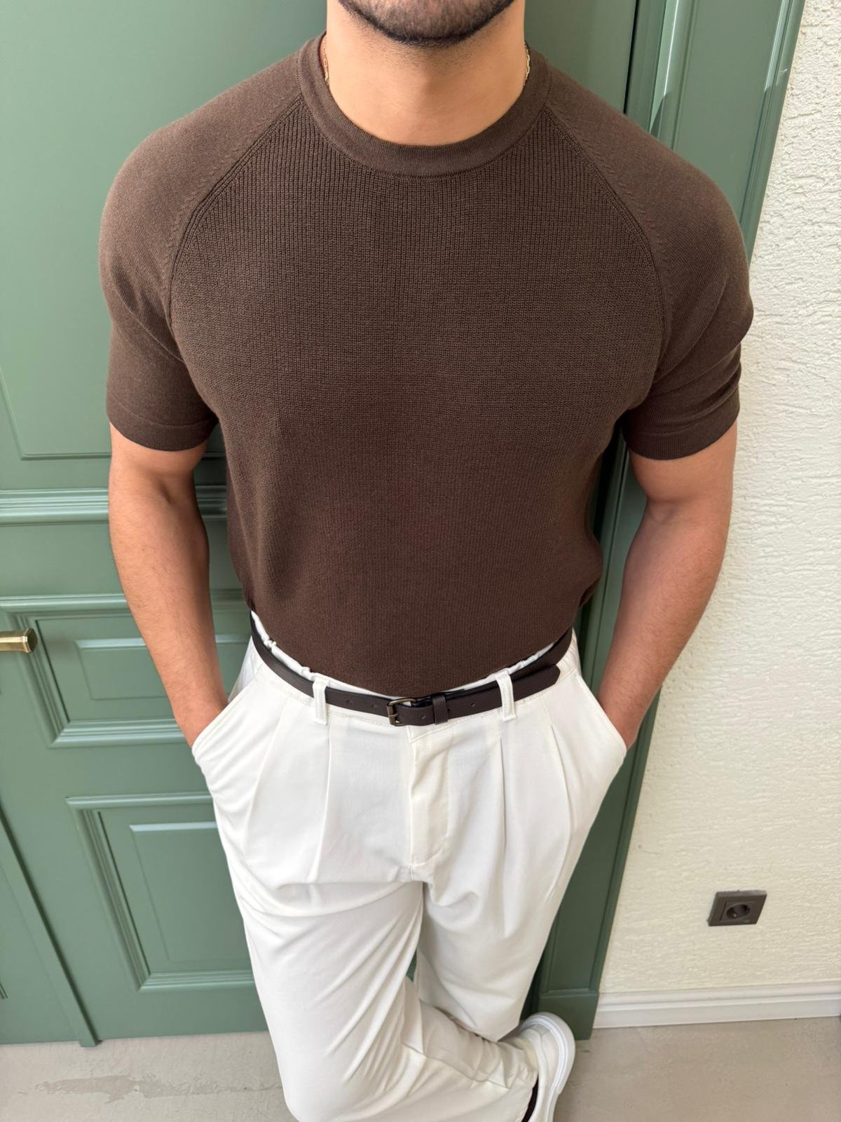 Kahve Reglan Kol Triko T-Shirt