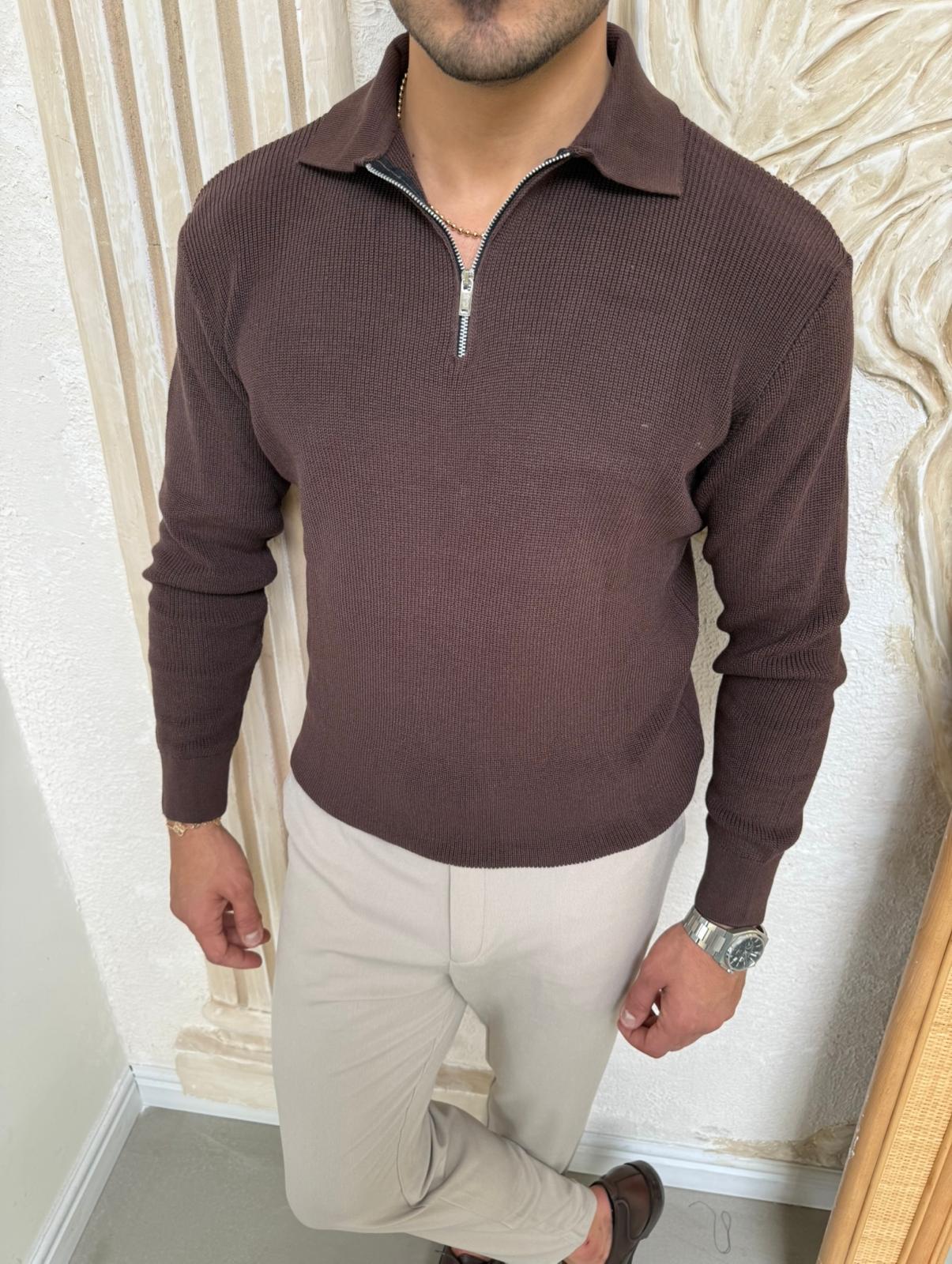 Kahverengi Fitilli Fermuarlı Triko Polo Yaka