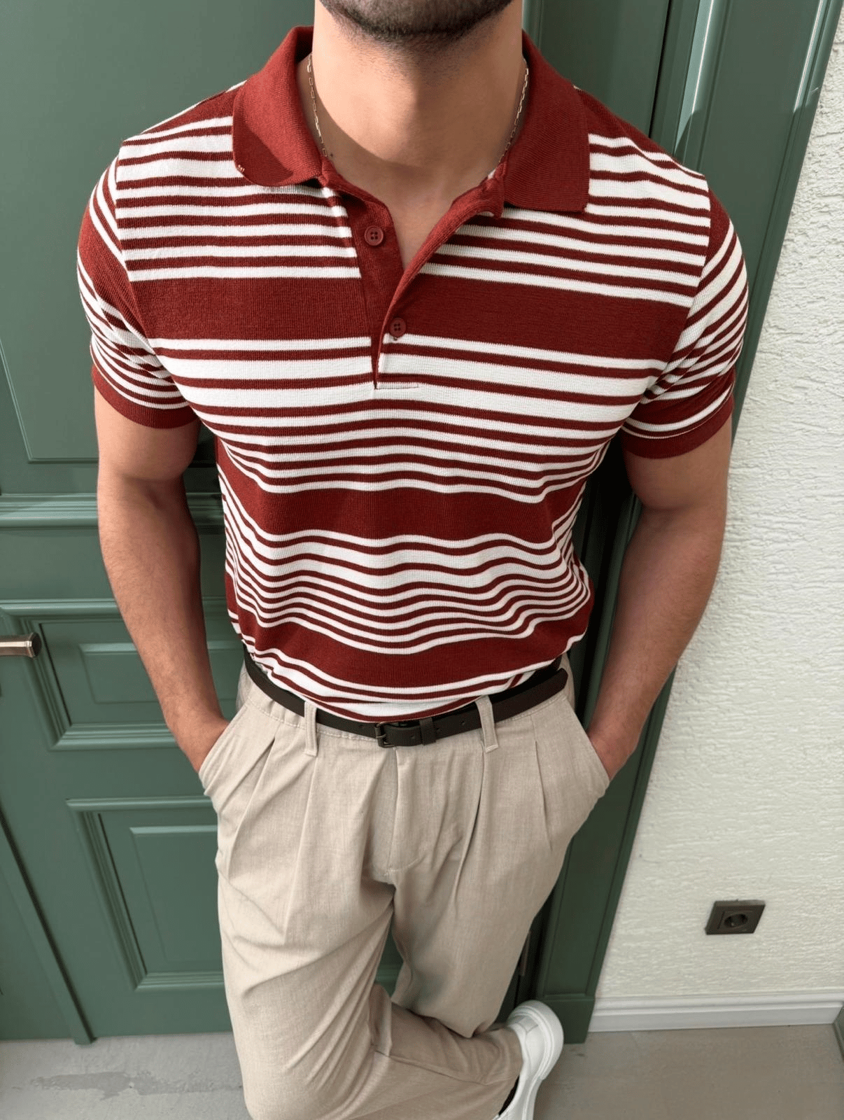 Kiremit Çizgili Polo Yaka T-Shirt
