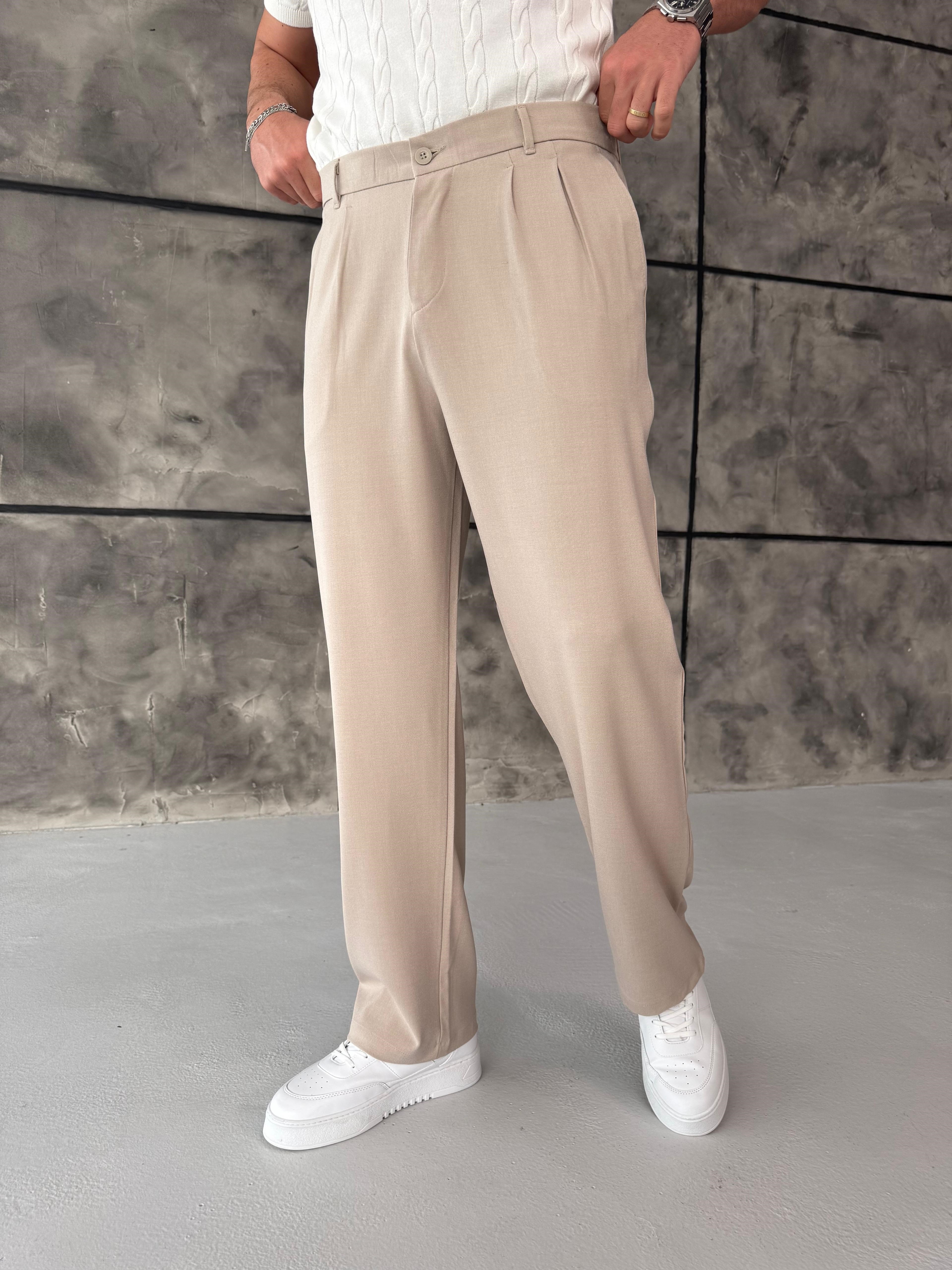 Krem Pileli Baggy Kumaş Pantolon