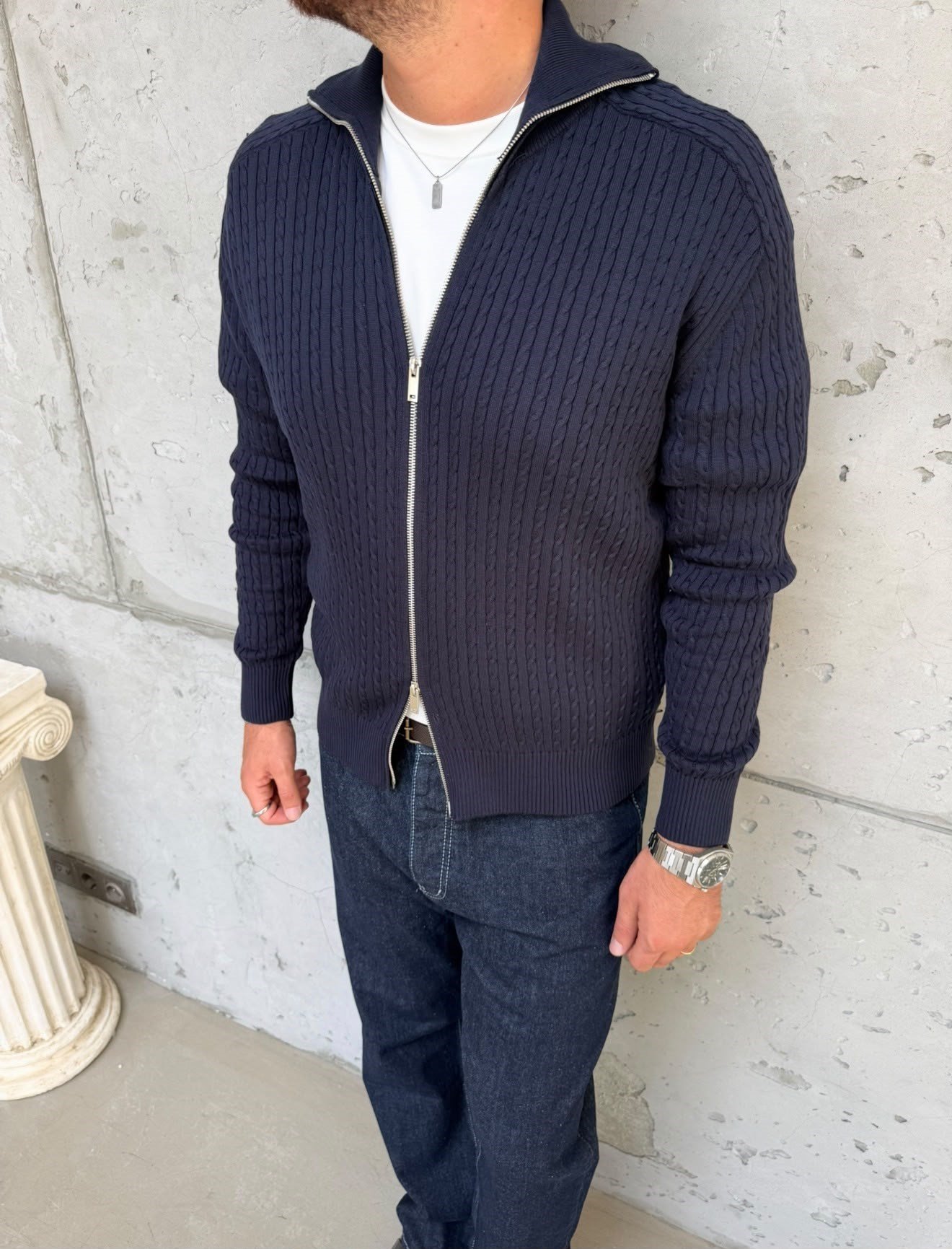 Lacivert Örgülü Regular Fit Hırka