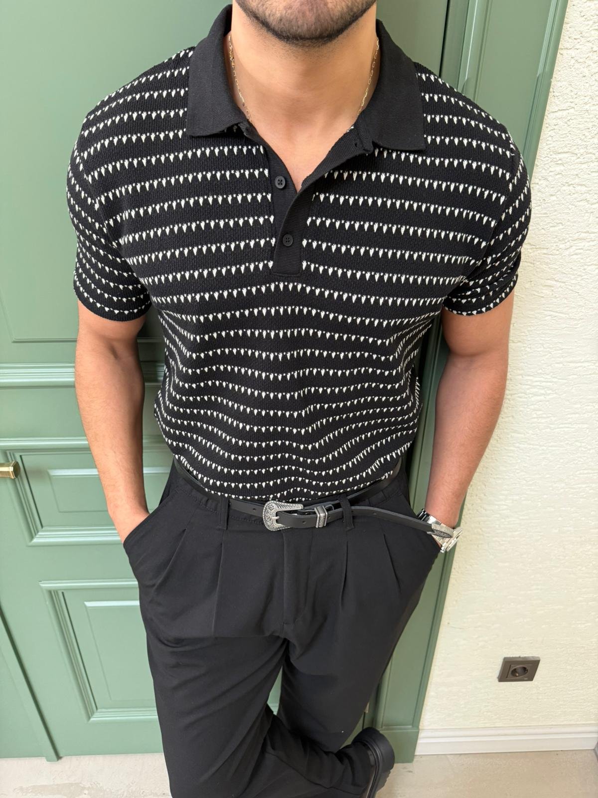Siyah Desenli Polo Yaka T-Shirt