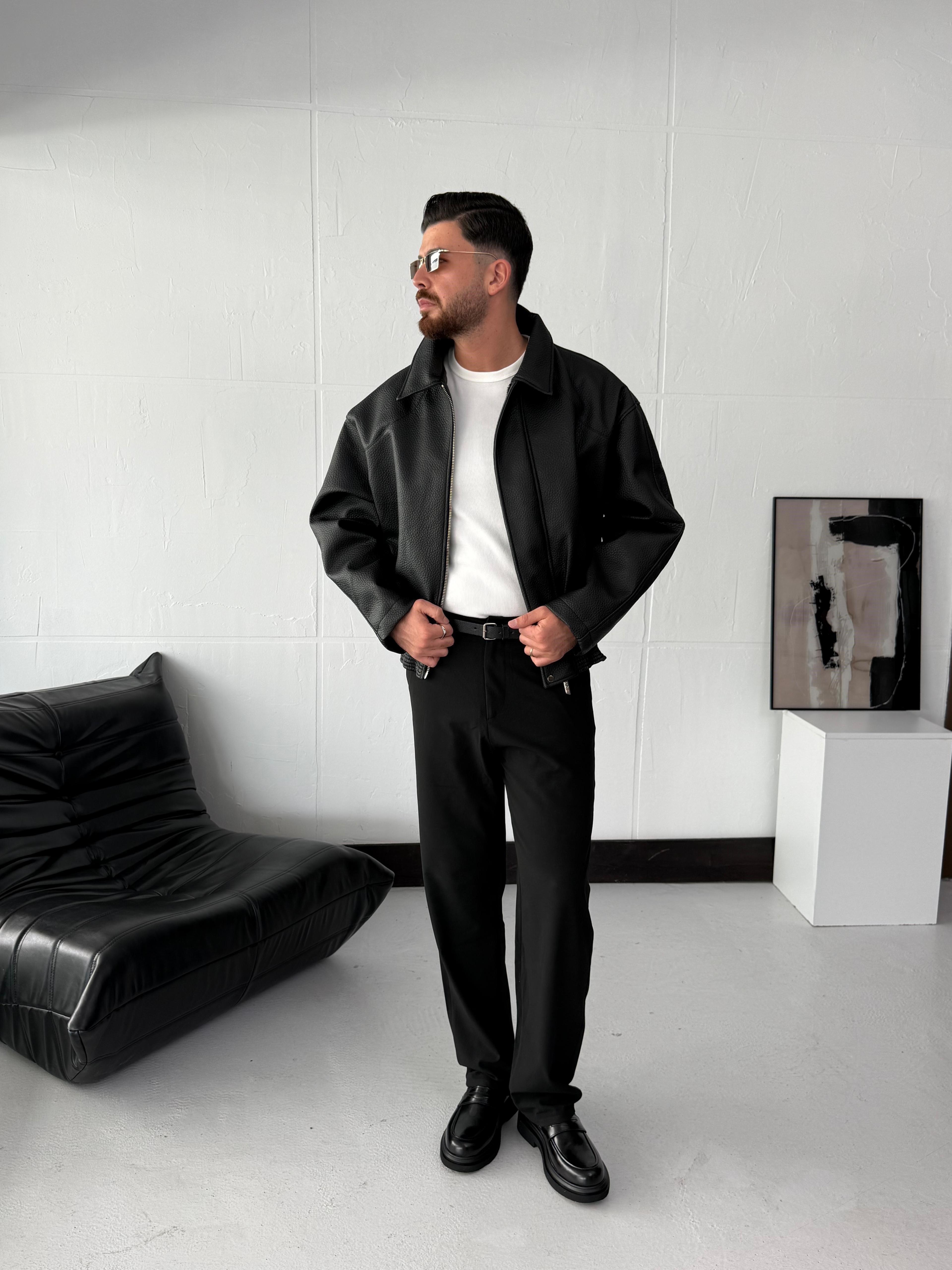 Siyah Oversize Retro Deri Ceket