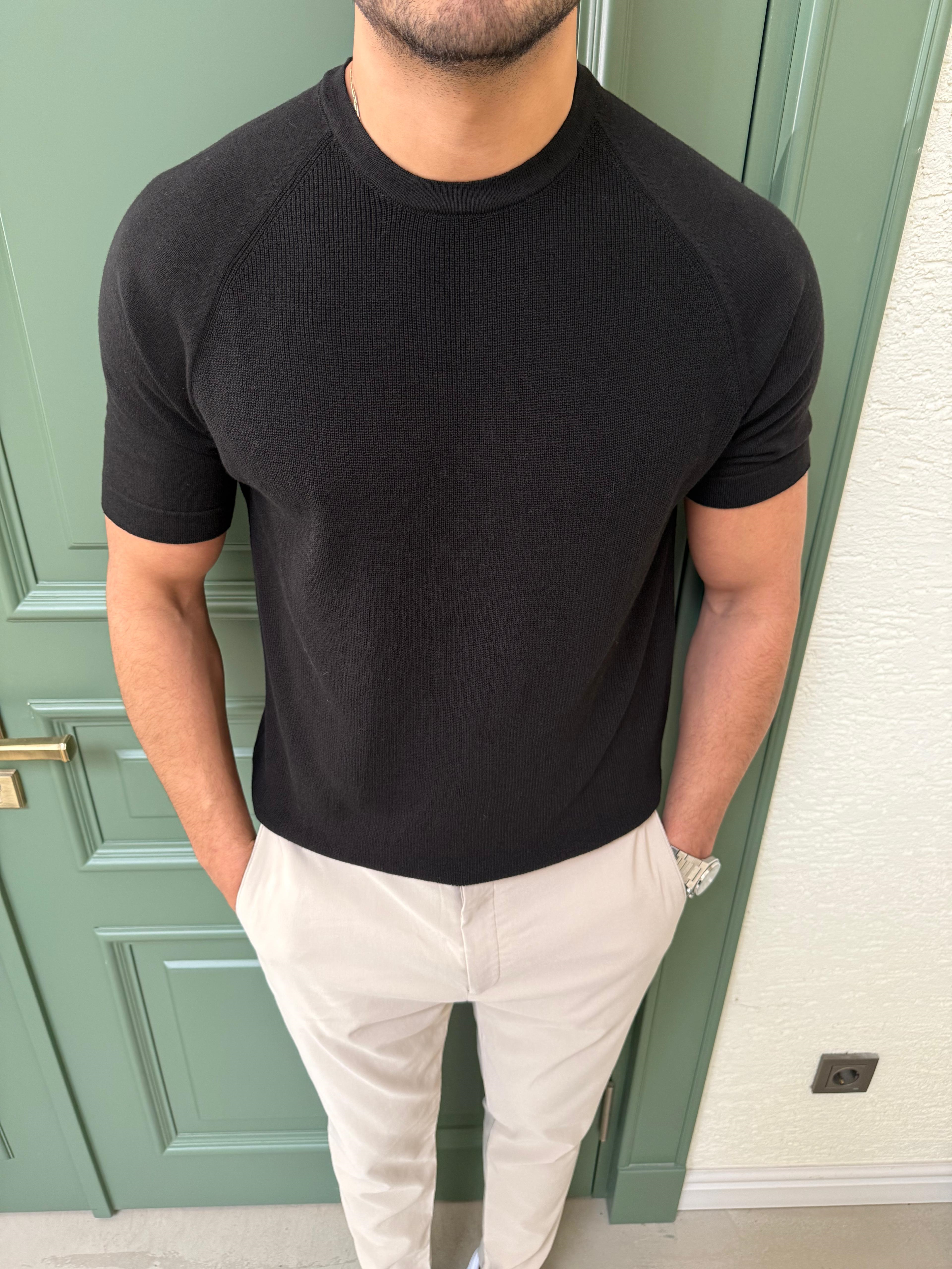 Siyah Reglan Kol Triko T-Shirt