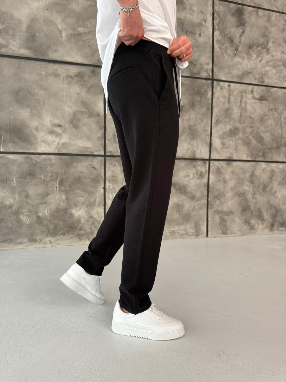 Siyah Regular Fit Keten Pantolon