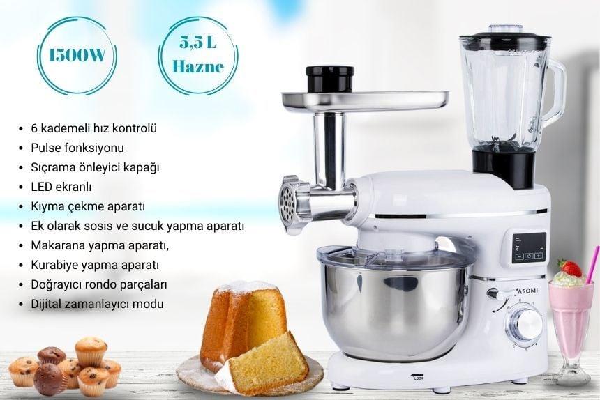 Yasomi Sm 1504bml Beyaz Led Ekranlı Kıyma Çekme Aparatlı Blender Stand Mikser Mutfak Şefi 1500w