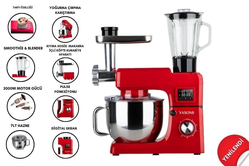 Yasomi Sm 1511bml Led Ekranlı Kıyma Çekme Aparatlı Blender Stand Mikser Mutfak Şefi (Kırmızı)