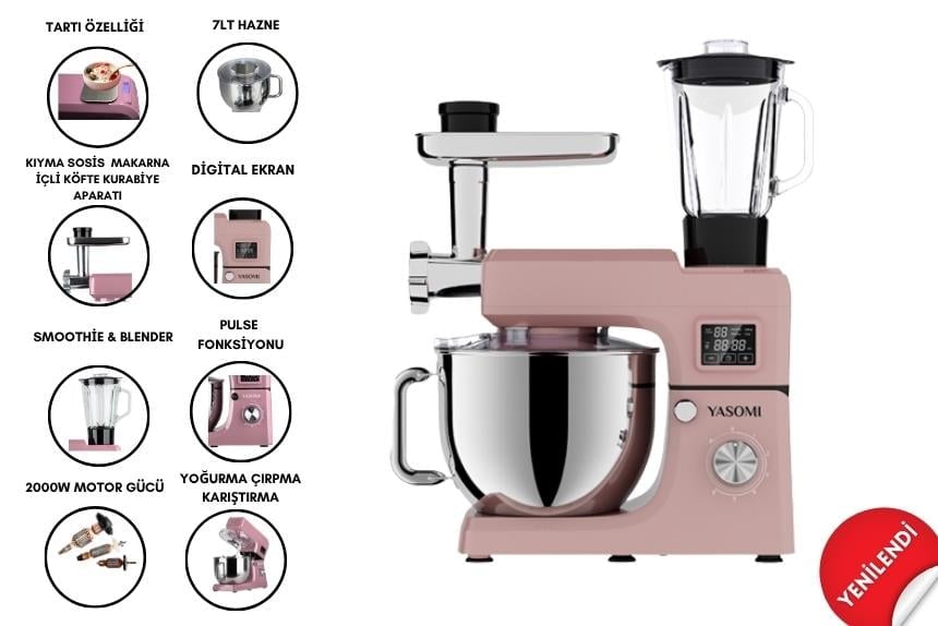 Yasomi Sm 1511bml Led Ekranlı Kıyma Çekme Aparatlı Blender Stand Mikser Mutfak Şefi (Pembe)
