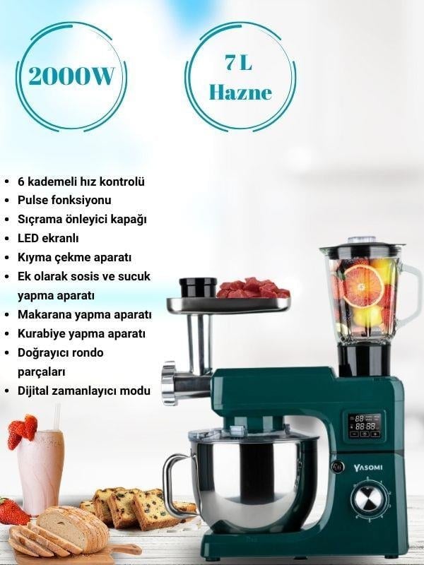 Yasomi Sm 1511bml Led Ekranlı Kıyma Çekme Aparatlı Blender Stand Mikser Mutfak Şefi (Yeşil)