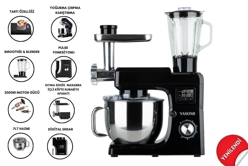 Yasomi Sm 1511bml Led Ekranlı Kıyma Çekme Aparatlı Blender Stand Mikser Mutfak Şefi (Siyah)