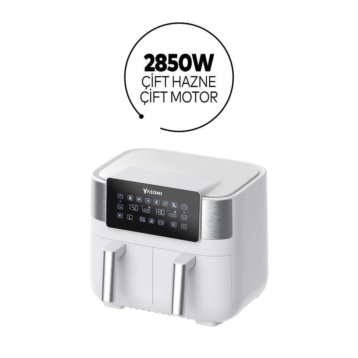 Yasomi Y80 Beyaz 8 Litre 2850w Çift Hazneli Ve Çift Motorlu Dokunmatik Airfryer Fritöz