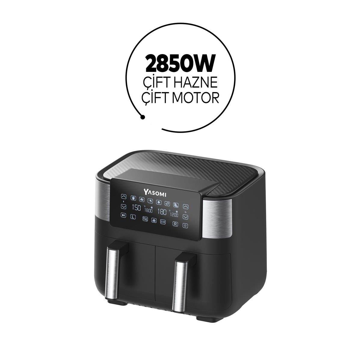 Yasomi Y80 Siyah 8 Litre 2850w Çift Hazneli Ve Çift Motorlu Dokunmatik  Airfryer Fritöz