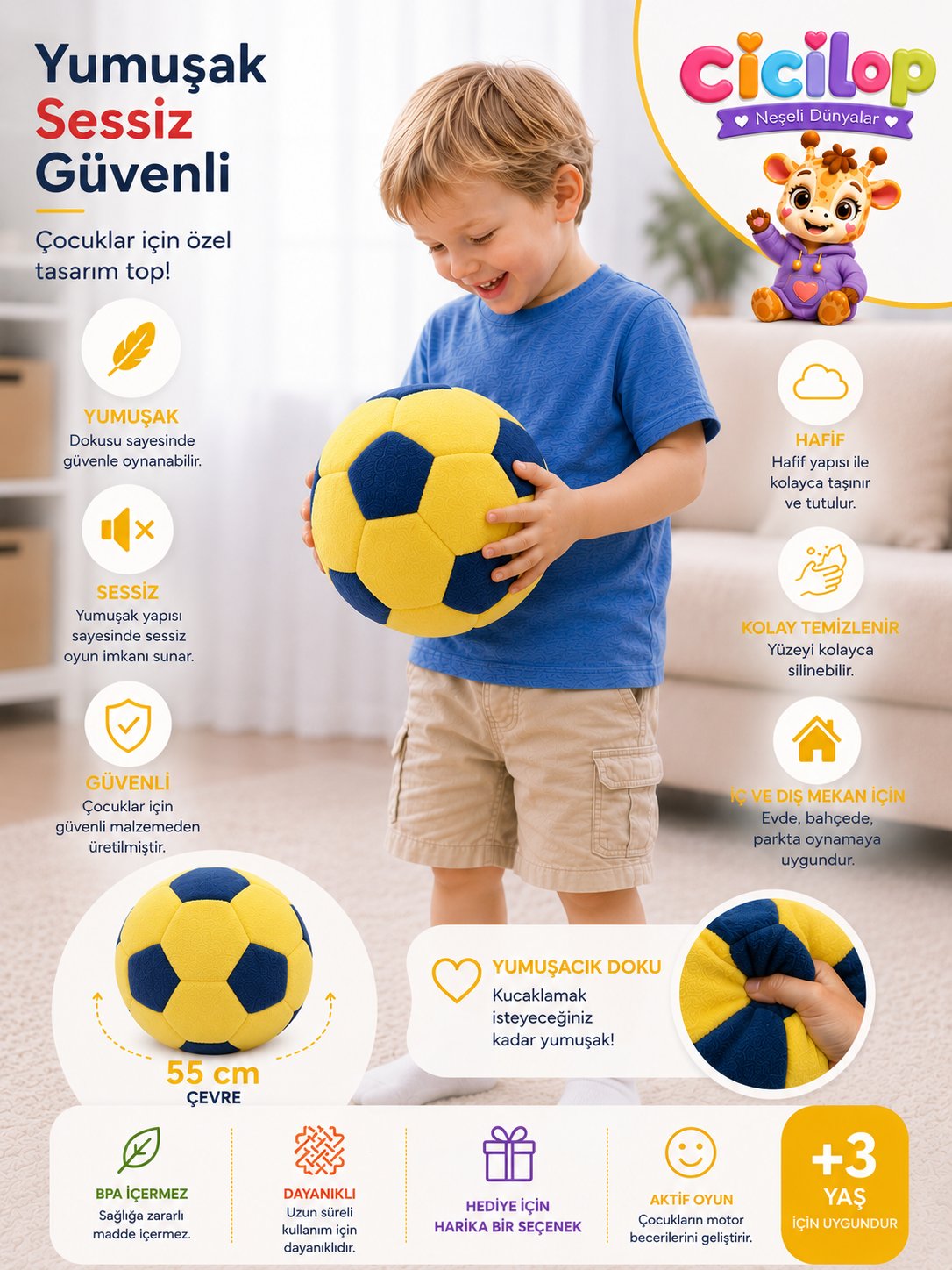 Sessiz Peluş Futbol Topu Sarı-Lacivert
