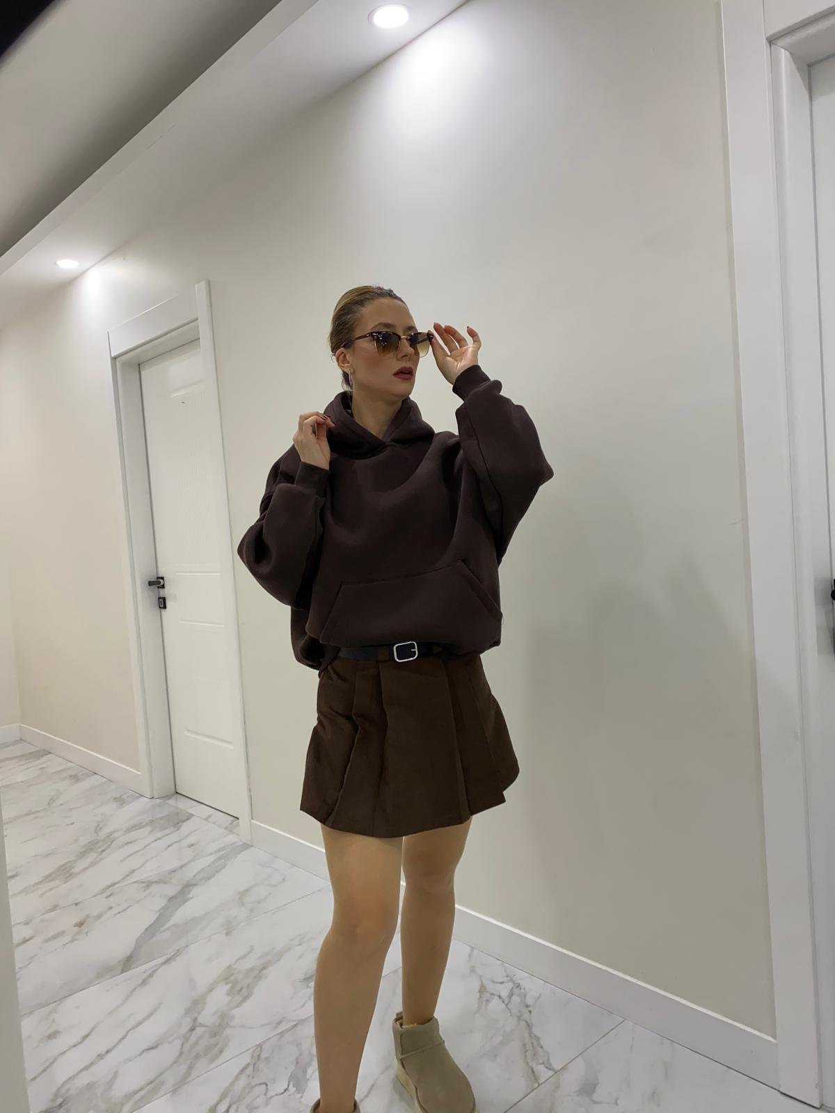 Çift Kumaşlı Kapişonlu Şardonlu Önü cepli SweatShirt Acıkahve