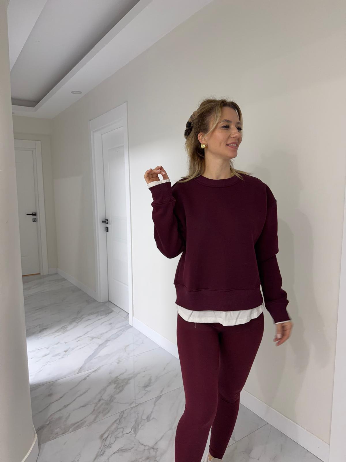 Marka Model Bisiklet Yaka Tişört Bitişli Şardonlu SweatShirt Bordo