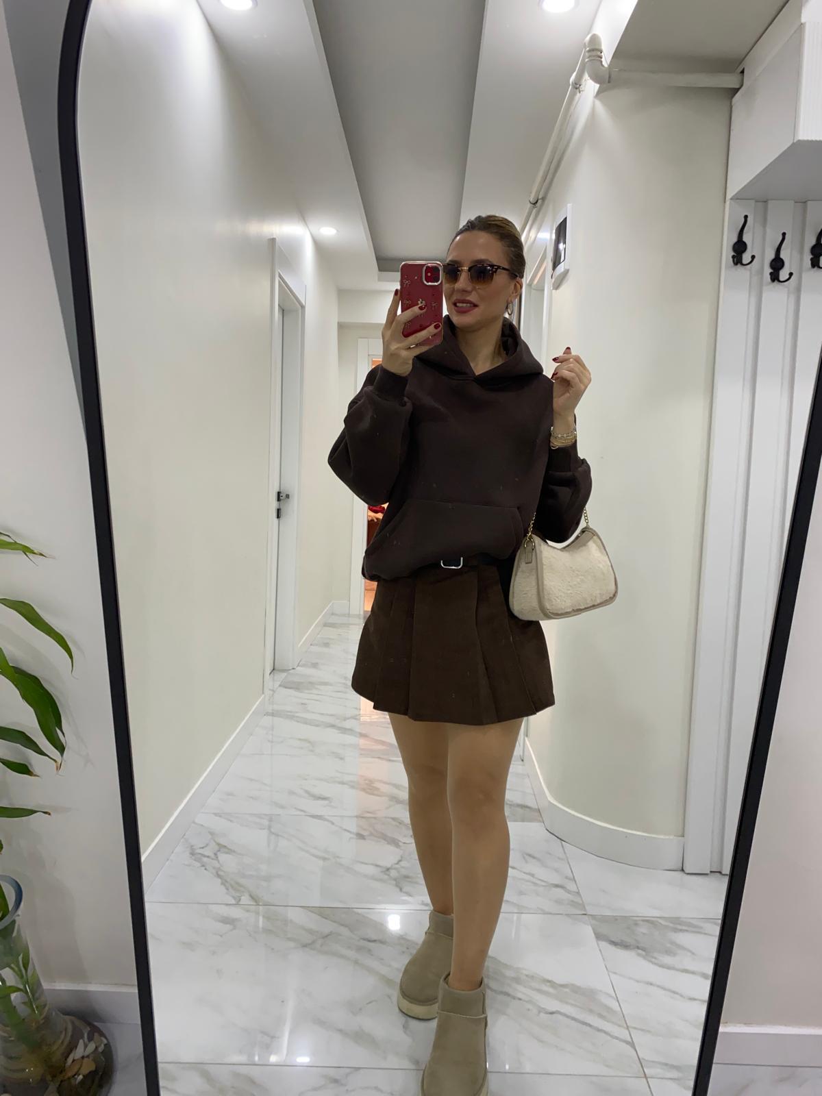 Önü Cepli Kapişonu Çift kat Acı kahve Şardonlu SweatShirt
