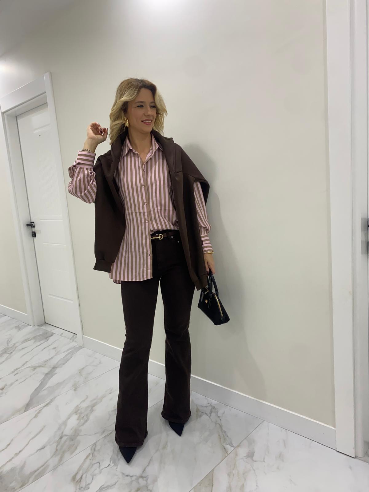 Pembe Çizgili Premium Oversize Gömlek