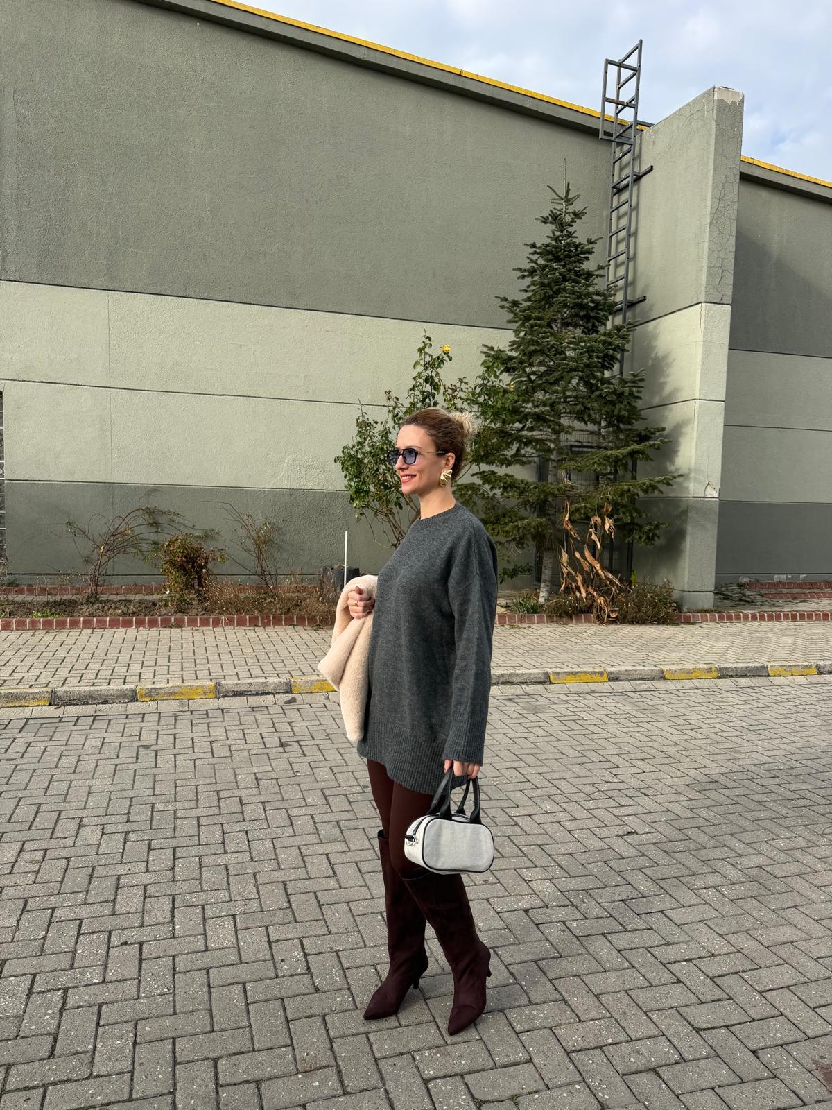Pinterest Model Oversize Bisiklet Yaka Uzun Kazak Gri