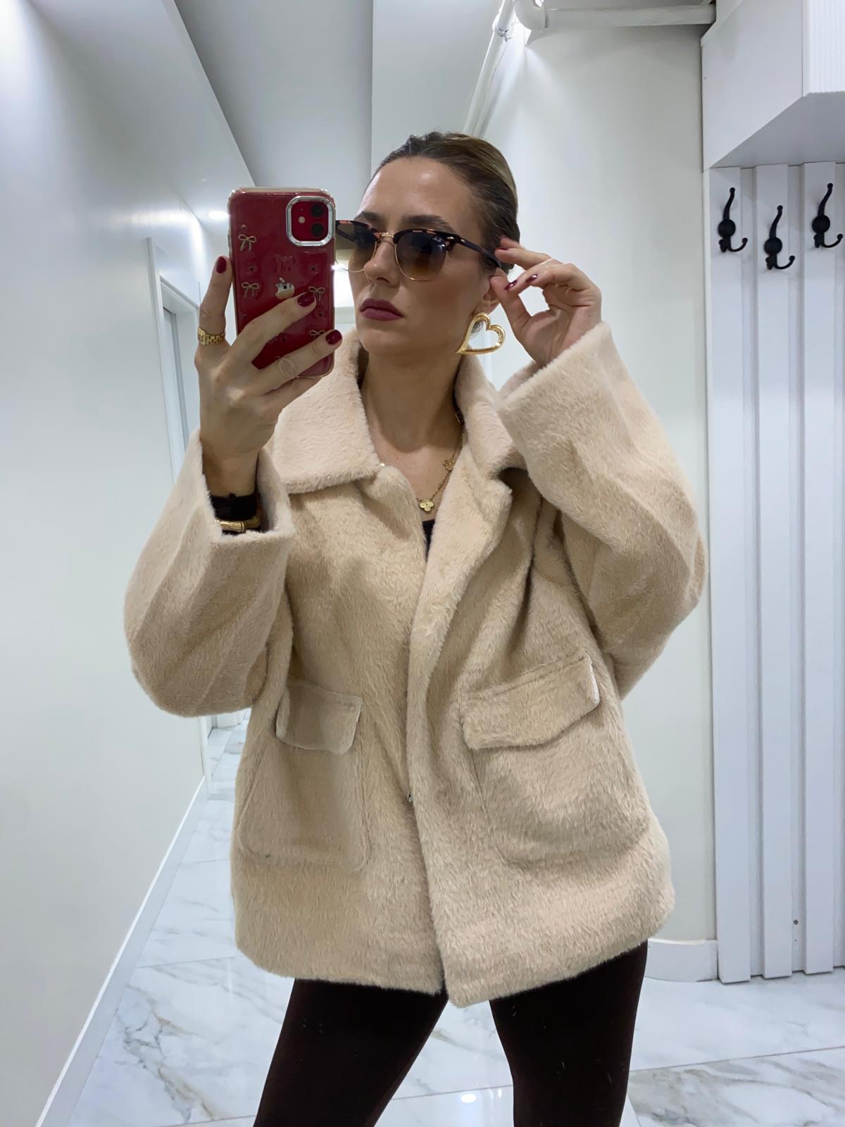 Premium Çift Cepli Peluş Oversize Kürk Kaban Bej