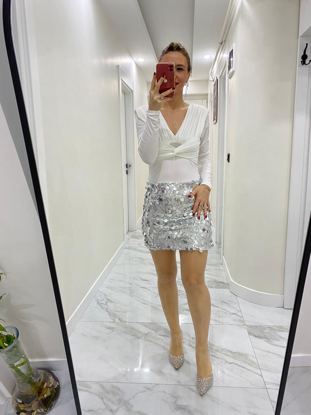 Premium Kalite Pul Payet Mini Etek Gri