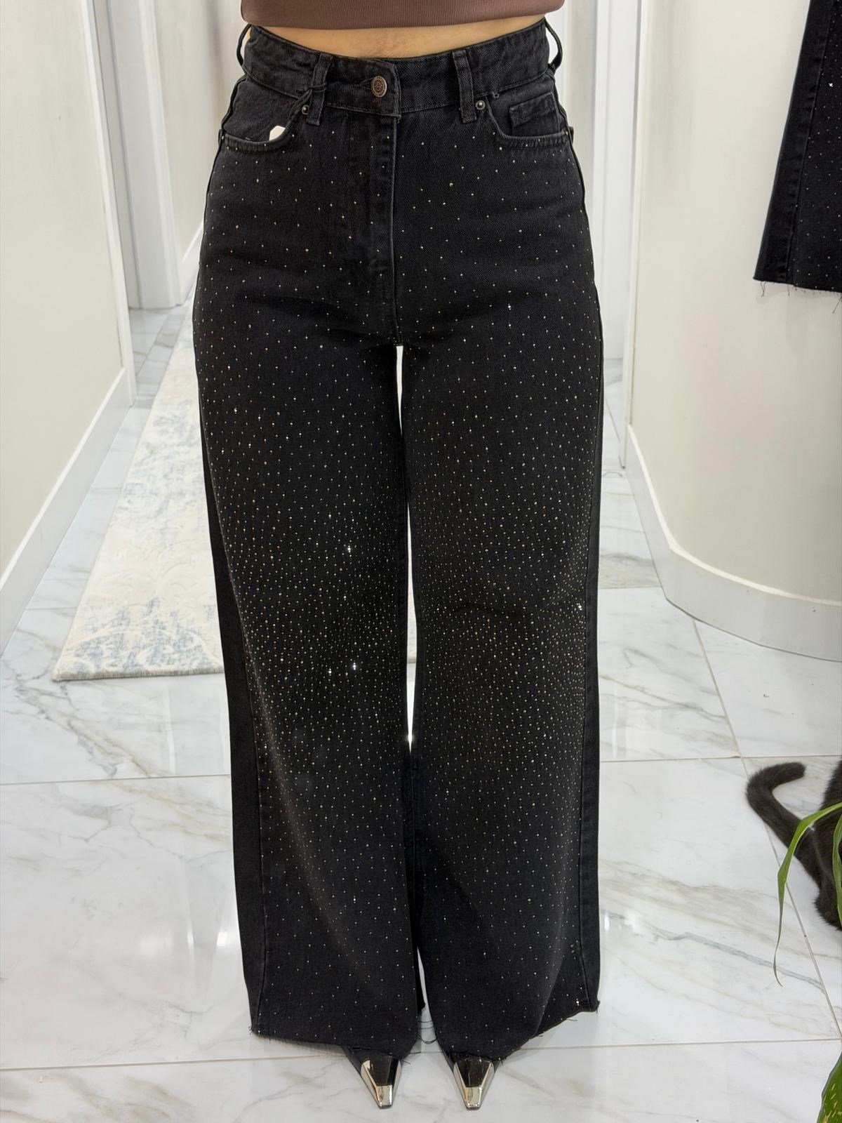 Premium Taşlı Yüksek bel Wide Leg Bol Paça Jean Pantolon