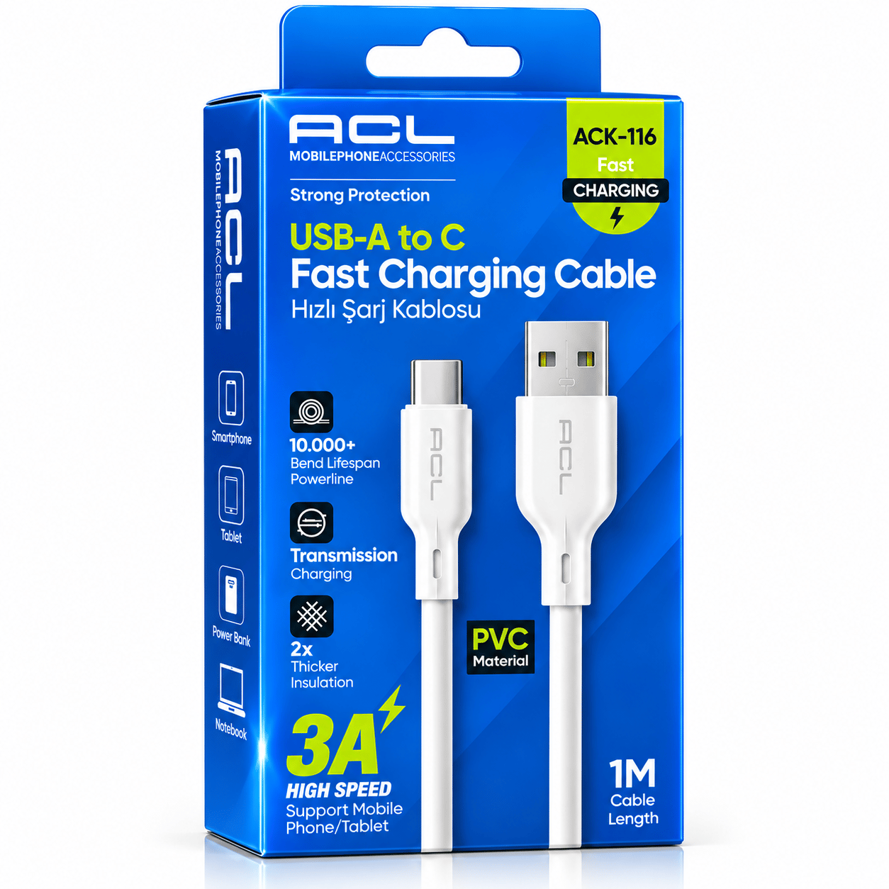 ACL ACK-116 3A Hızlı Şarj Kablosu USB Type-C – Araç ve Günlük Kullanım Şarj Kablosu