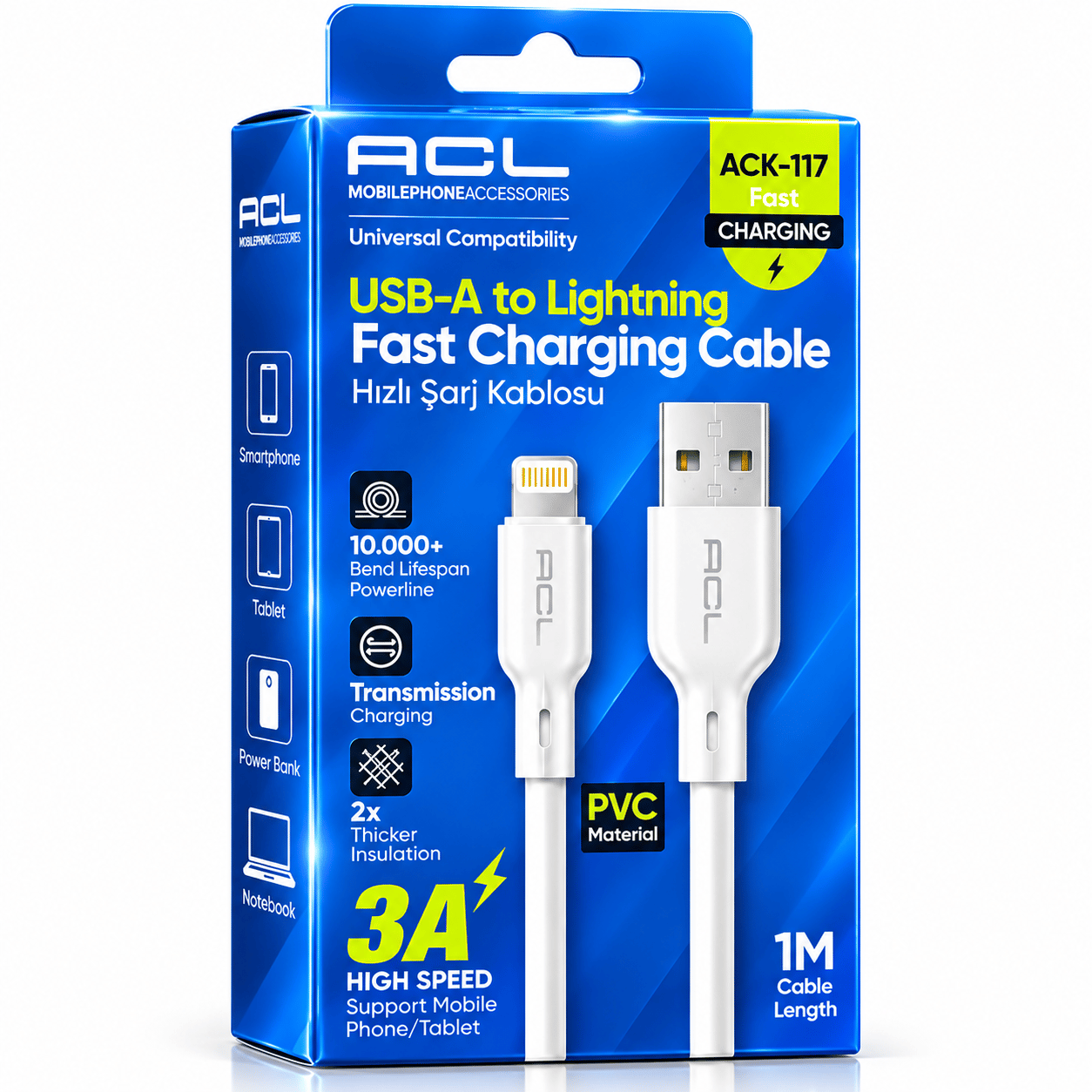 ACL ACK-117 3A Hızlı Şarj Kablosu USB Lightning – iPhone Uyumlu Şarj Kablosu