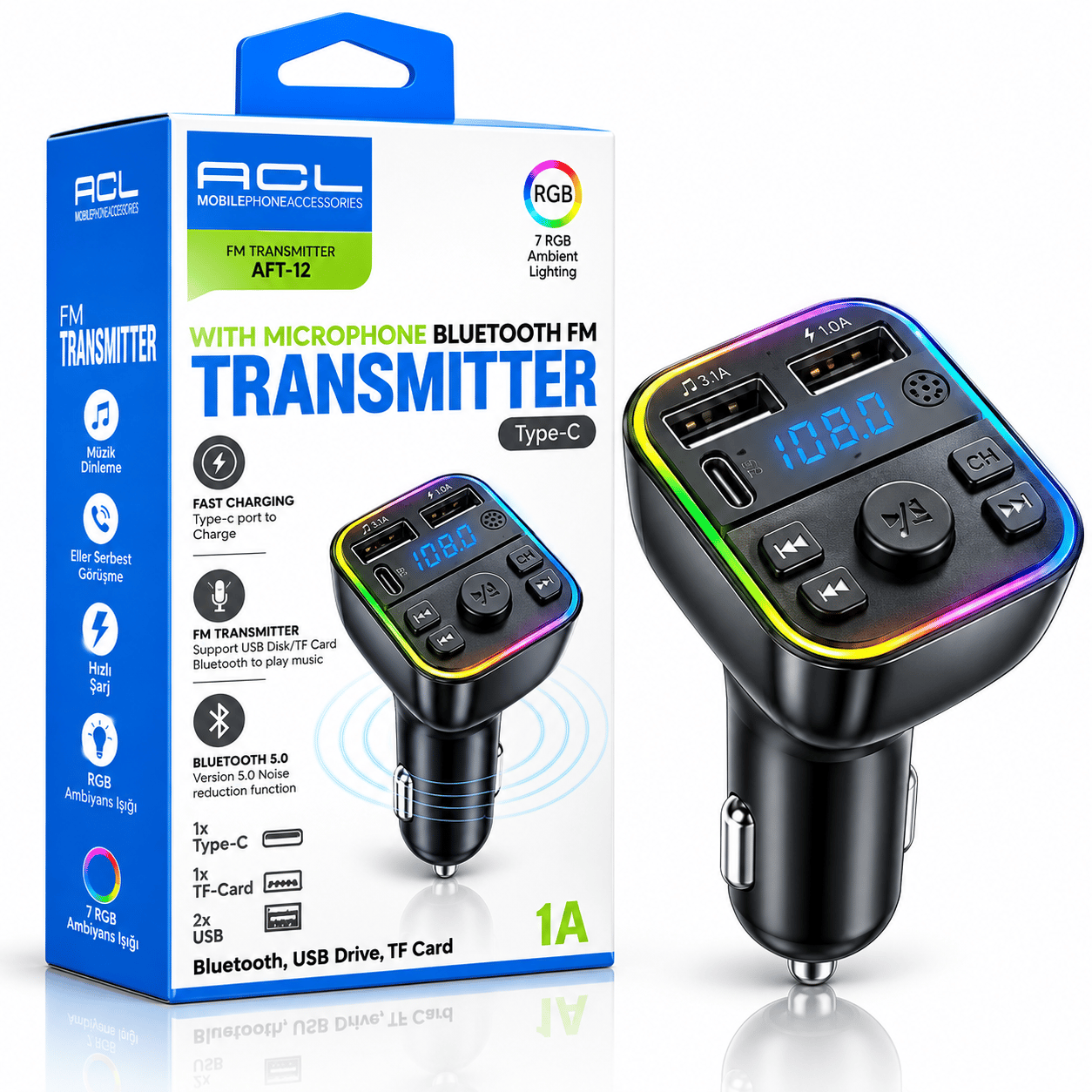 ACL AFT-12 Bluetooth FM Transmitter – Araç Şarj Cihazı ve Müzik Aktarıcı