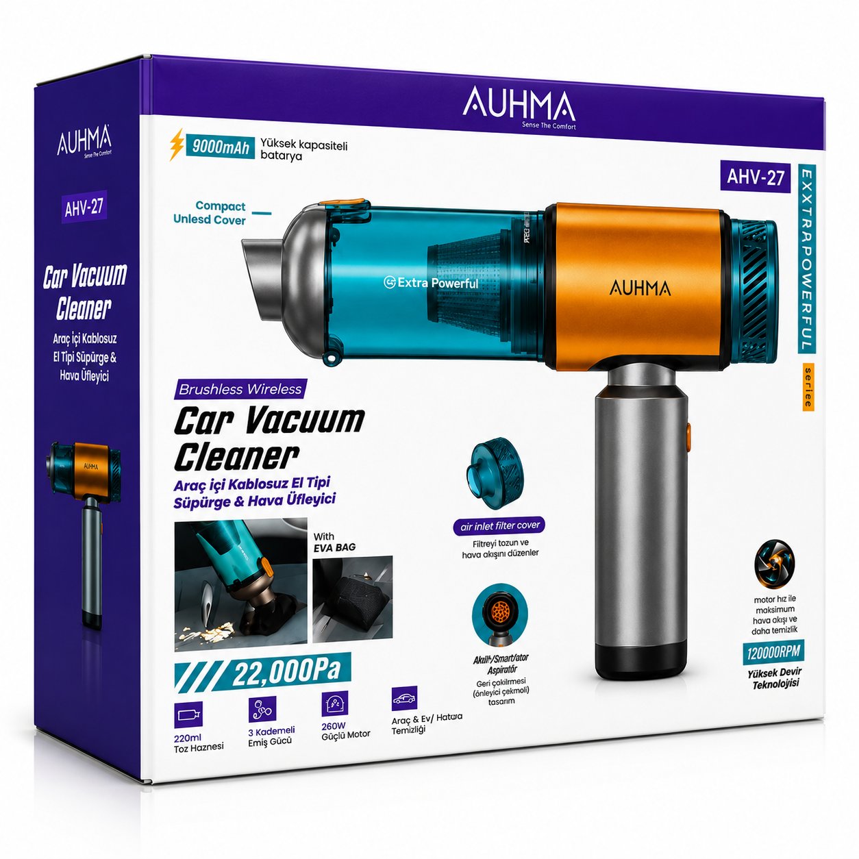 AUHMA AHV-27 Araç İçi Şarjlı Süpürge 22.000PA Kablosuz Vakum ve Üfleme Özellikli