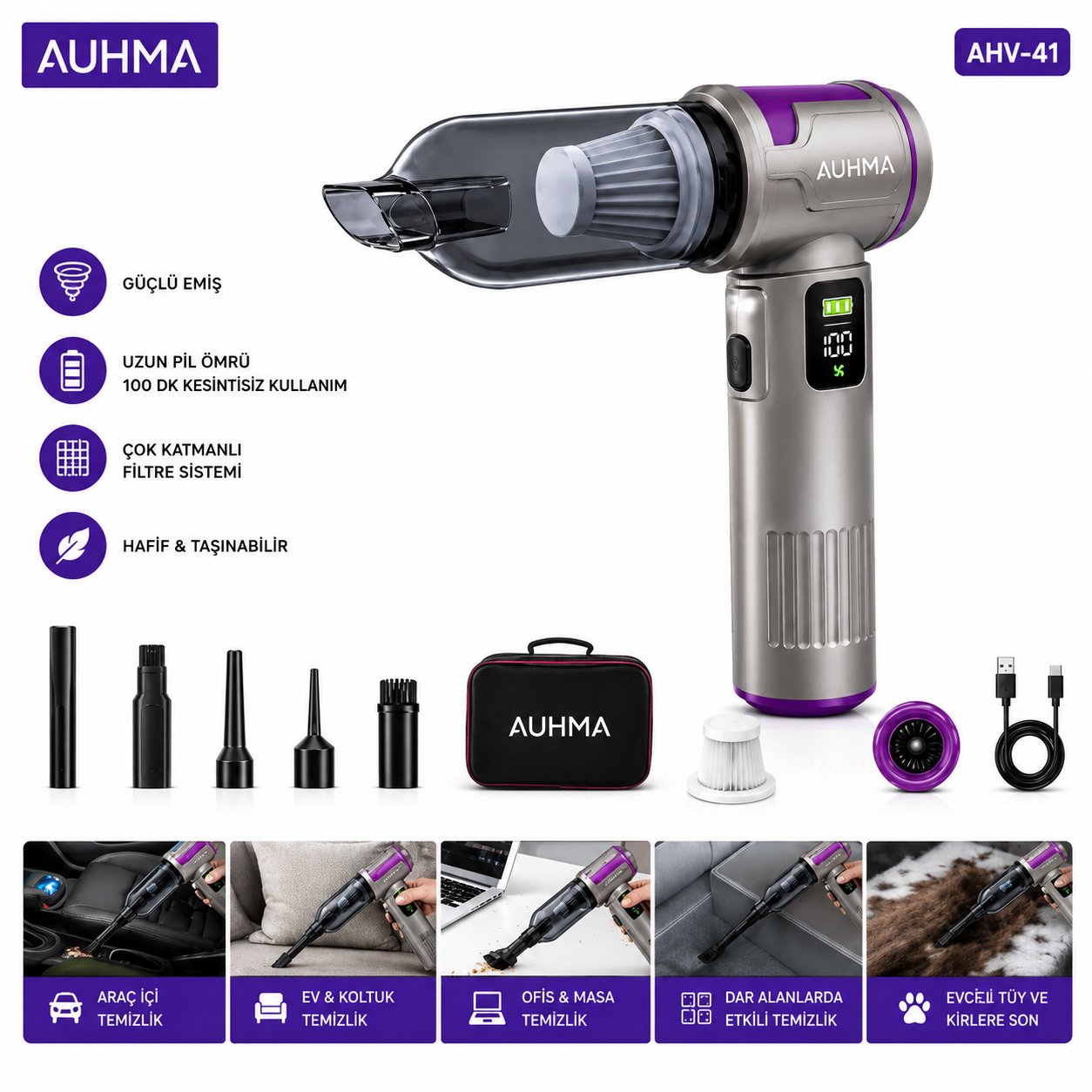 AUHMA AHV-41 Araç İçi Süpürge LCD Dijital Ekranlı Şarjlı El Süpürgesi