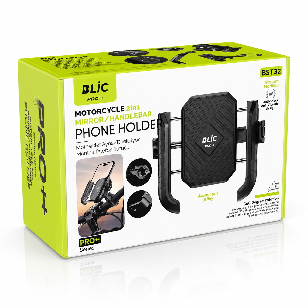 BST32 Pro Motosiklet Ayna ve Direksiyon Montajlı Telefon Tutucu 360° Döner