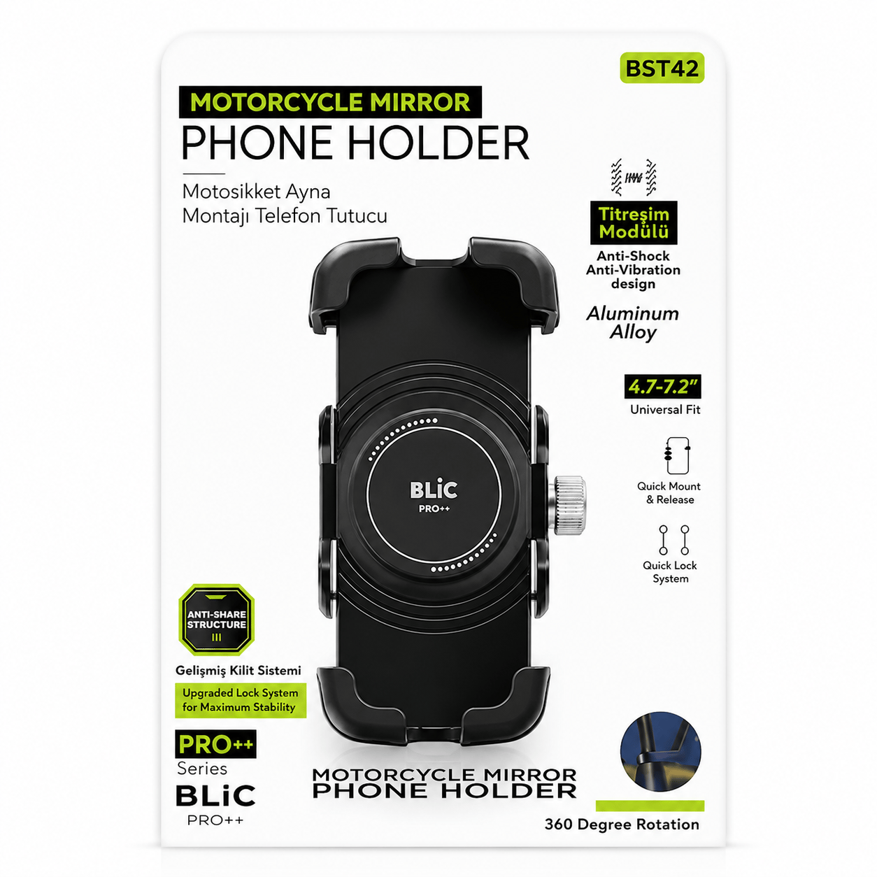 BST42 Motosiklet Telefon Tutucu 360° Dönebilen Gidon Bağlantılı Universal Telefon Tutacağı