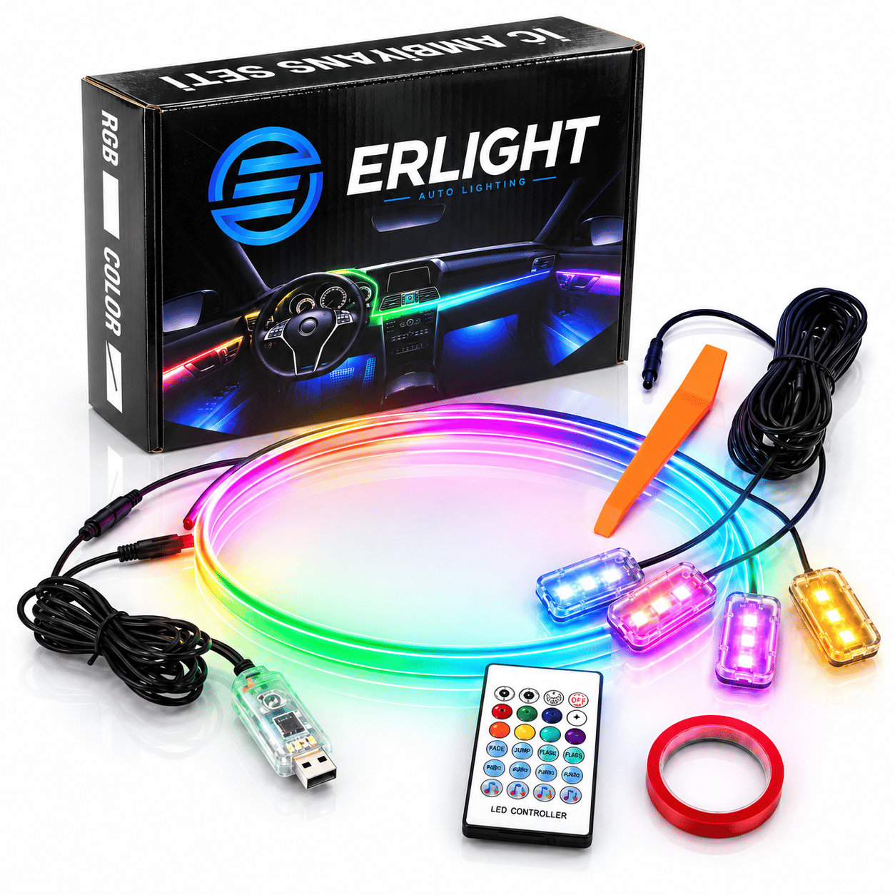 Erlight 120 CM Araç İçi USB'li Ambiyans LED Torpido ve Ayak Altı Aplikasyon Kontrollü RGB Işık