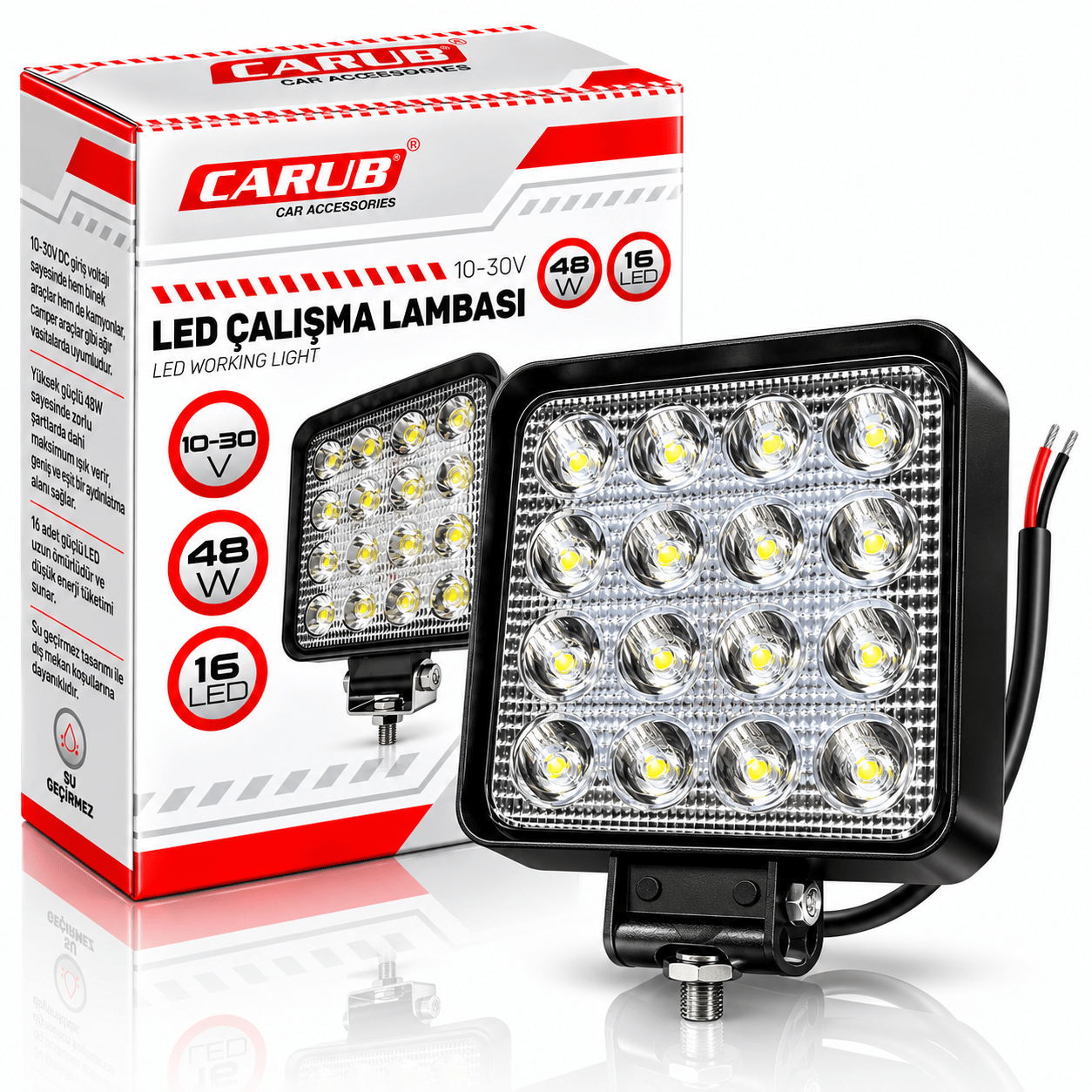 Kare Çalışma Lambası 16 Led 48W 12/30V