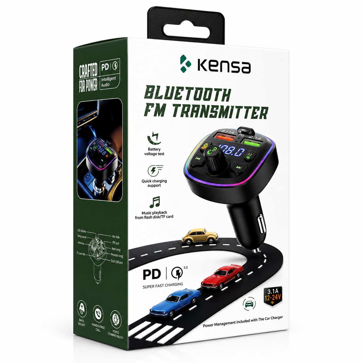 KENSA KT-324 Bluetooth FM Transmitter Araç İçi Hızlı Şarj Adaptörü Handsfree