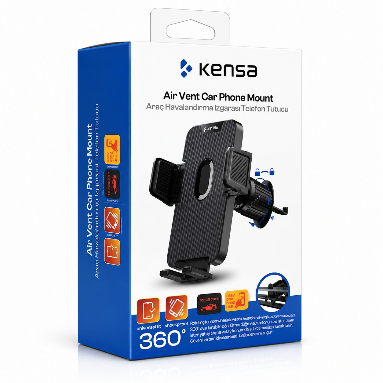 KENSA T-142 Havalandırma Tipi Araç İçi Telefon Tutucu 360° Dönebilen Universal Telefon Tutacağı