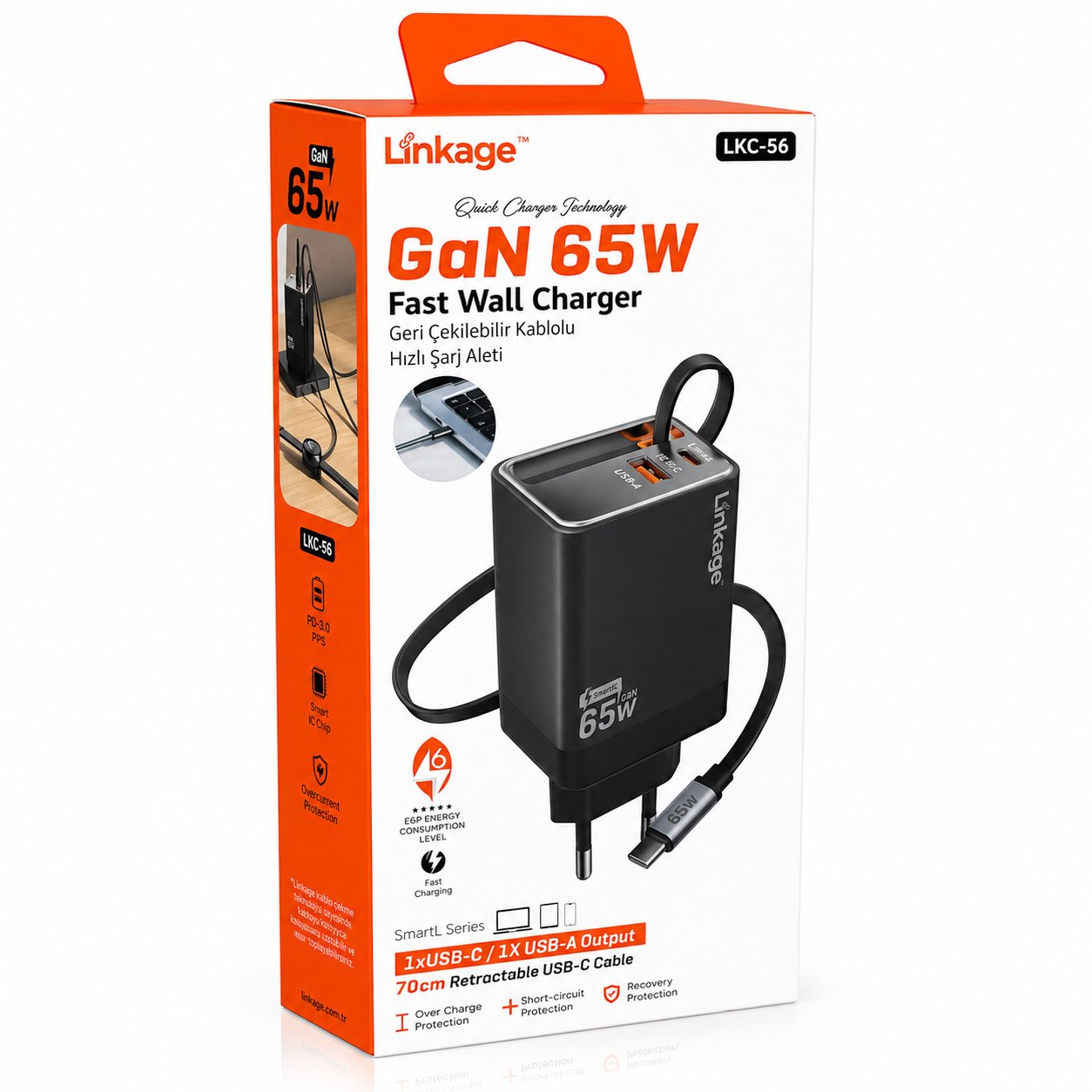 LİNKAGE Ev Tipi Şarj Cihazı GaN 65W Hızlı Şarj Adaptörü