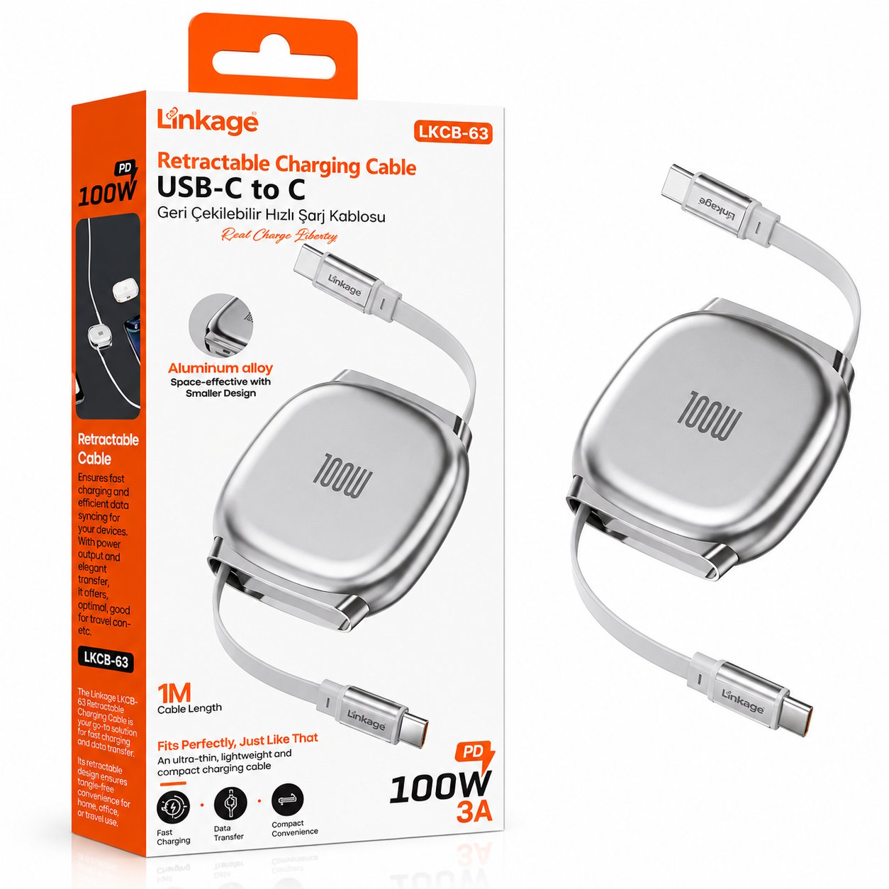 LİNKAGE LKCB-63 Type-C to Type-C Geri Çekilebilir Hızlı Şarj Kablosu 100W PD 1 Metre Gri