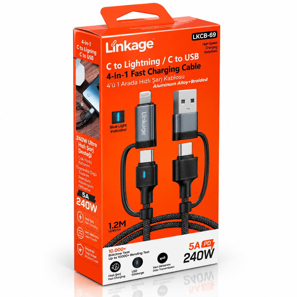 Linkage LKCB-69 4'ü 1 Arada 240W 5A PD Hızlı Şarj Kablosu – Çoklu Bağlantı