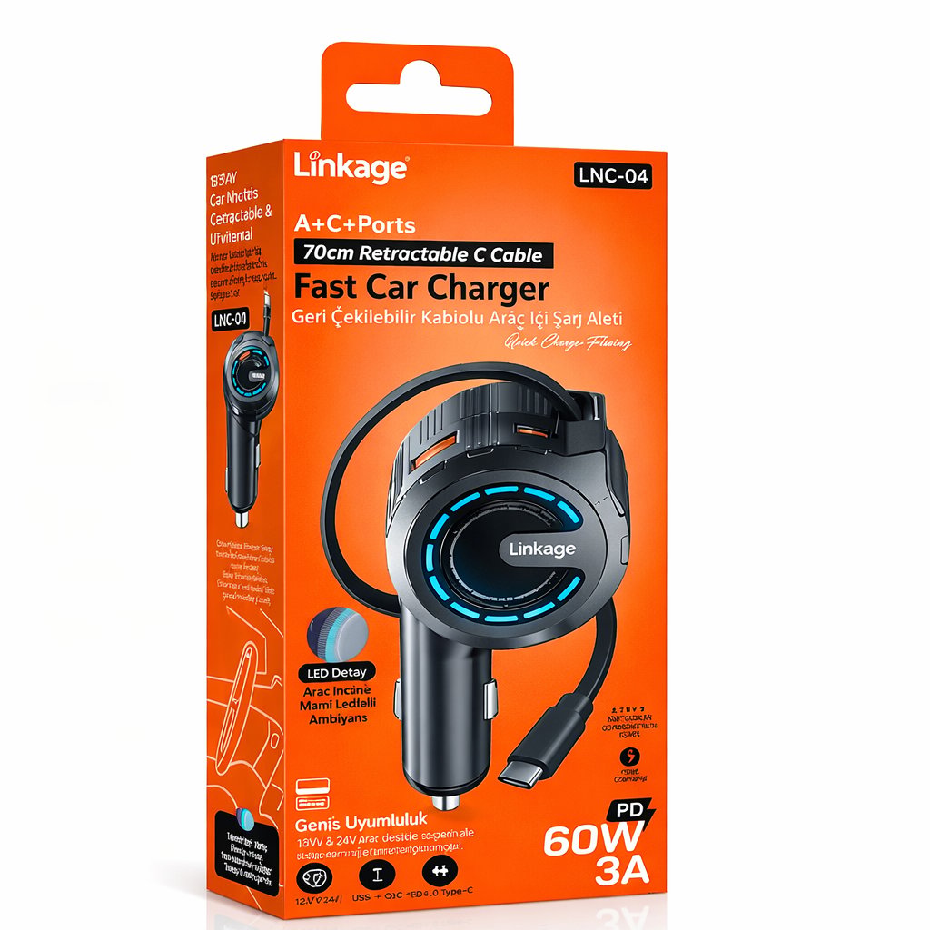 Linkage LNC-04 60W 3A PD Hızlı Araç Şarjı Type-C Makaralı Kablo Araç İçi Şarj Soketi