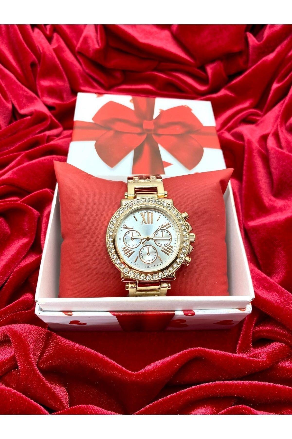 Kadın Kol Saati Zirkon Taşlı Rose Gold Anneler Günü Hediye Paketi