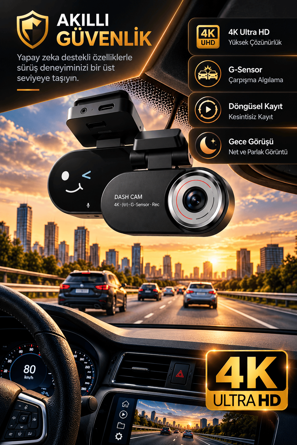 4K Yapay Zekâ Destekli Ön Arka Araç Kamerası + 24 Saat Park Kayıt Kiti Hediye, WiFi, Gece Görüşü