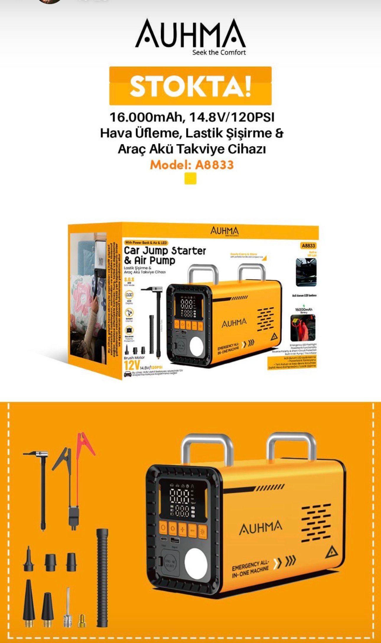 Auhma A8833 16.000 Mah 5'i 1 Arada Akü Takviyeli Şarjlı Hava Pompası Powerbank Dijital Fener & Üfleme Vakum