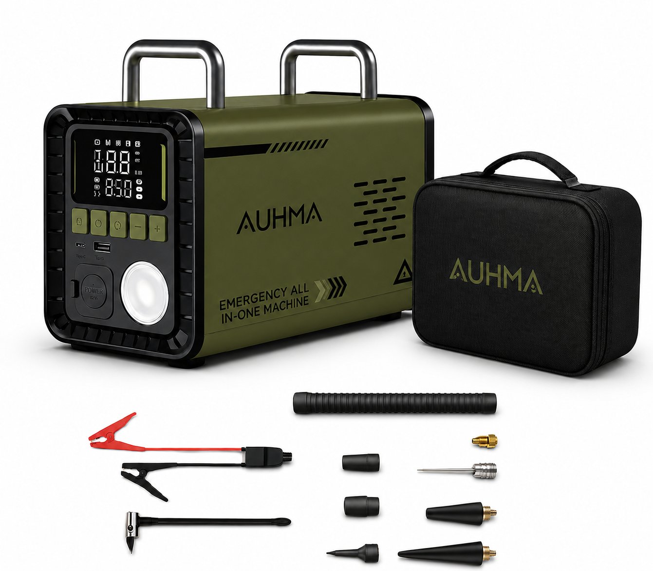 Auhma A8833 Haki 16.000 mAh 5'i 1 Arada Akü Takviye Cihazı Şarjlı Hava Kompresörü Powerbank Vakum Üfleme Dijital Fener