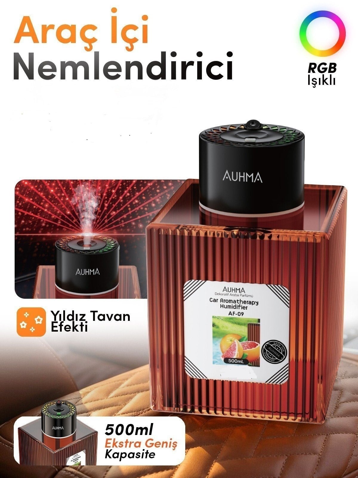 Auhma AF-09 Araç İçi Hava Nemlendirici & Koku Makinesi Hilton Esansı – 500ml Aromaterapi Difüzör + RGB Işıklı