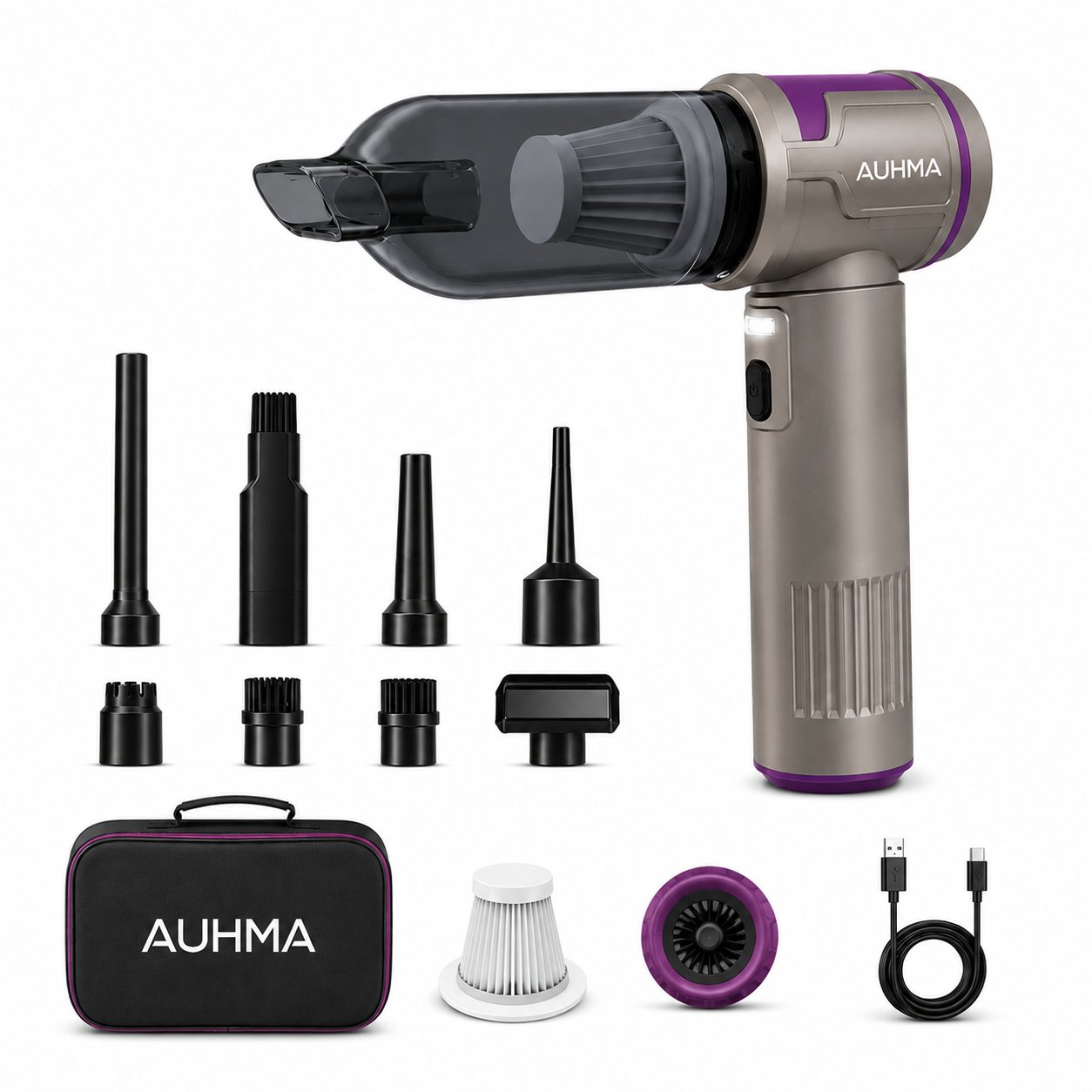 Auhma AHV-41 20.000 Pa Kablosuz Araç Süpürgesi – 100W Güç, Dijital Ekran, LED Fener, Güçlü Süpürge Gri-Mor